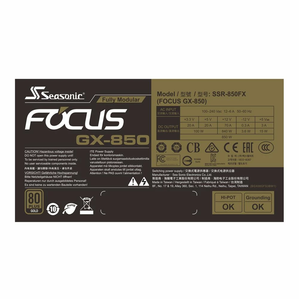 Seasonic USA FOCUS GX-850, 850W 80+ Gold, Full-Modular, Fan Control In Fanless, Silent, And Cooling Mode, 10 Year Warranty, Perfect Power Supply For Gaming And Various Application, SSR-850FX. 4 Seasonic USA FOCUS GX-850, 850W 80+ Gold, Full-Modular, Fan Control In Fanless, Silent, And Cooling Mode, 10 Year Warranty, Perfect Power Supply For Gaming And Various Application, SSR-850FX. - Image 4